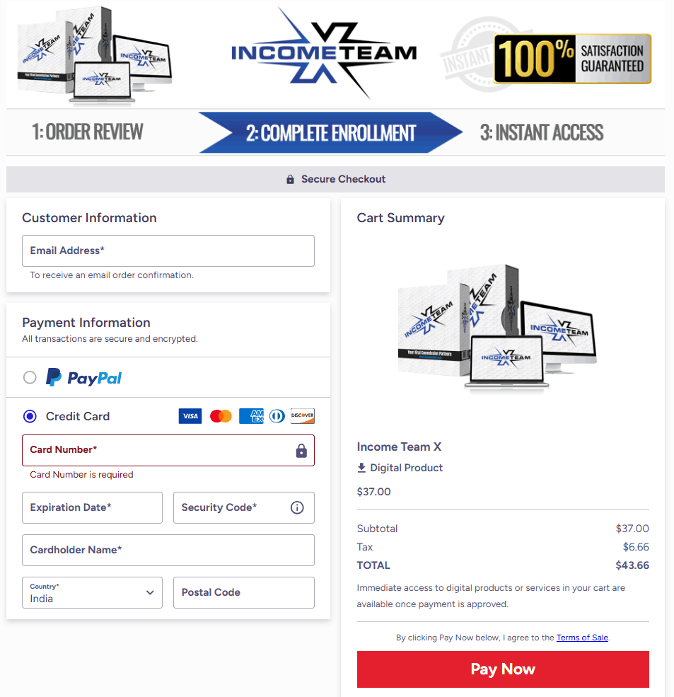 Income Team X Checkout Page